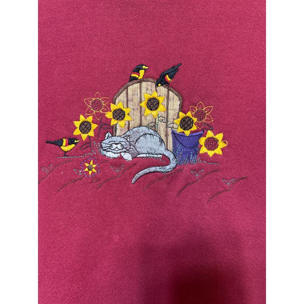 VTG Sweatshirt Med PETITE Red Embroidered Cat Sunflower Made in USA Top Stitch - Picture 2 of 9
